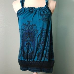 FANG  Blue Spaghetti Strap Crochet Back Top